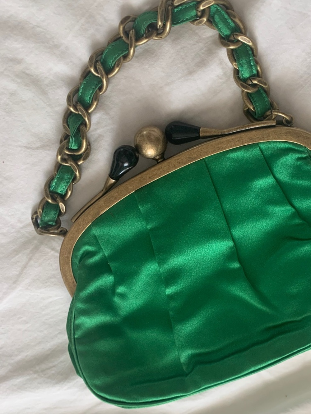 J.Crew Vintage Green Silk Clutch Bag with Gold Chain Wrapped Handle